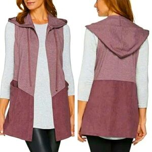 NEW! LOGO by Lori Goldstein Hooded Vest Faux Suede Open Front Purple SZ XS